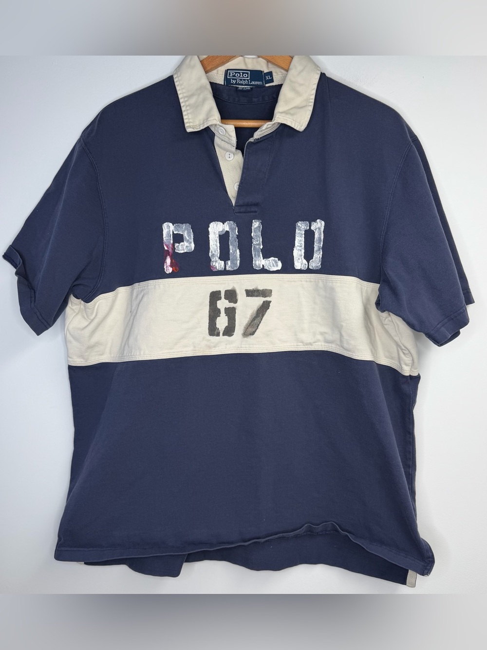 Polo Ralph Lauren Vintage Rugby Navy White Graphic Shirt 100% Cotton XL
